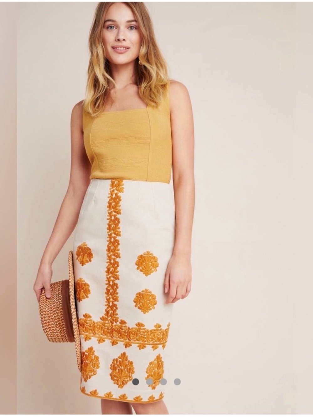 Anthropologie Embroidered Pencil Skirt in Mustard and Cream